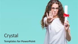  Presentation with 360 degree cameras - Presentation theme featuring signing ceremony - young brunette girl holding degree background and a arctic colored foreground