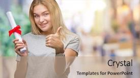 Presentation with fingers - Cool new slides with signing ceremony - young caucasian woman holding degree backdrop and a  colored foreground