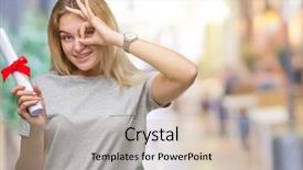  Presentation with holding hands old young - Amazing presentation design having signing ceremony - young caucasian woman holding degree backdrop and a  colored foreground