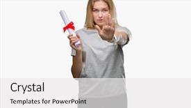  Presentation with internship defense - Presentation design consisting of signing ceremony - young caucasian woman holding degree background and a white colored foreground