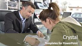  Presentation with loan car - PPT theme having signing credit contrat for car background and a violet colored foreground