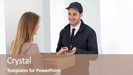  Presentation with logistics fleet of delivery vehicles - Beautiful presentation theme featuring signing receipt of package delivery backdrop and a coral colored foreground