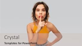  Presentation with mustard yellow - PPT theme having silence secret confidentiality concept - young woman in mustard yellow top making hush gesture over grey background background and a soft green colored foreground