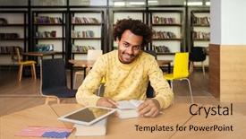  Presentation with wisdom - PPT theme featuring silence wisdom - cheerful african american young man background and a coral colored foreground