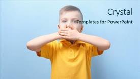  Presentation with mouth - Audience pleasing PPT layouts consisting of silence wisdom - cute little boy covering mouth backdrop and a cool aqua colored foreground