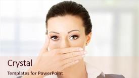  Presentation with mouth - Cool new PPT theme with silence wisdom - portrait of young business woman backdrop and a lemonade colored foreground