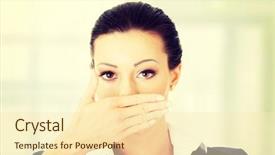  Presentation with mouth - Beautiful PPT theme featuring silence wisdom - portrait of young business woman backdrop and a cream colored foreground