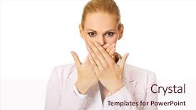  Presentation with woman covering man mouth hand - Slide set featuring silence wisdom - young business woman covering her background and a lemonade colored foreground