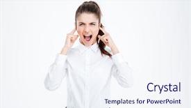  Presentation with ears - Presentation theme with silence wisdom - young businesswoman covering her ears background and a sky blue colored foreground