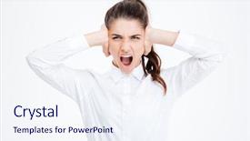  Presentation with ears - Presentation design enhanced with silence wisdom - young businesswoman covering her ears background and a sky blue colored foreground