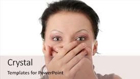  Presentation with woman covering man mouth hand - PPT theme consisting of silence wisdom - young businesswoman covering her mouth background and a coral colored foreground