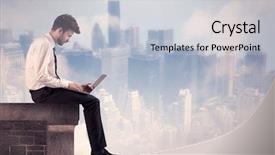  Presentation with tall building - Slides with silent leader - young businessman sitting background and a light gray colored foreground