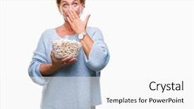  Presentation with woman covering man mouth hand - Presentation design featuring silent movies - atrractive senior caucasian redhead woman background and a white colored foreground