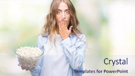 Presentation with woman covering man mouth hand - Cool new presentation theme with silent movies - beautiful young blonde woman eating backdrop and a sky blue colored foreground