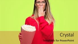  Presentation with popcorn - Cool new presentation theme with silent movies - beautiful young woman eating popcorn backdrop and a crimson colored foreground