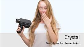  Presentation with shame - Audience pleasing slides consisting of silent movies - blonde woman teenager filming holding backdrop and a  colored foreground