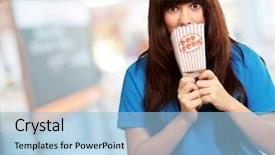  Presentation with popcorn - PPT theme consisting of thoughtful focused business woman holding clipboard background and a gray colored foreground