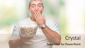  Presentation with popcorn - Theme featuring silent movies - handsome senior man eating popcorn background and a coral colored foreground