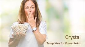  Presentation with woman covering man mouth hand - Audience pleasing presentation design consisting of silent movies - middle age hispanic woman eating backdrop and a  colored foreground