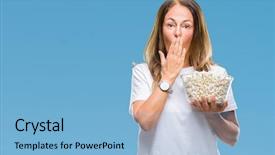  Presentation with eating - Presentation having silent movies - middle age hispanic woman eating background and a light blue colored foreground