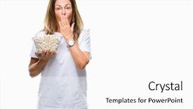  Presentation with eating - Colorful slide set enhanced with silent movies - middle age hispanic woman eating backdrop and a white colored foreground