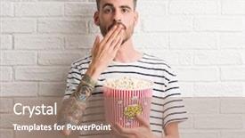  Presentation with white brick wall - PPT theme having silent movies - young adult man eating popcorn background and a coral colored foreground