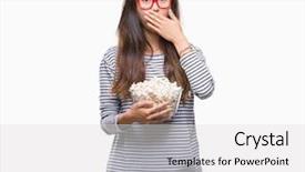  Presentation with popcorn - Amazing slide deck having silent movies - young asian woman eating popcorn backdrop and a light gray colored foreground