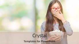  Presentation with woman covering man mouth hand - Amazing theme having silent movies - young asian woman eating popcorn backdrop and a coral colored foreground