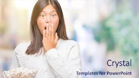  Presentation with woman covering man mouth hand - Theme featuring silent movies - young asian woman eating popcorn background and a sky blue colored foreground