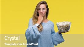  Presentation with eating - Amazing slides having silent movies - young beautiful blonde woman eating backdrop and a teal colored foreground