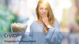  Presentation with woman covering man mouth hand - Presentation theme featuring silent movies - young beautiful blonde woman eating background and a light blue colored foreground