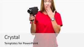  Presentation with video background - Colorful slides enhanced with silent movies - young beautiful caucasian woman filming backdrop and a white colored foreground