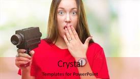 Presentation with woman covering man mouth hand - Amazing PPT theme having silent movies - young beautiful caucasian woman filming backdrop and a red colored foreground