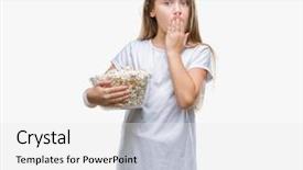  Presentation with popcorn - Amazing presentation design having silent movies - young beautiful girl eating popcorn backdrop and a white colored foreground