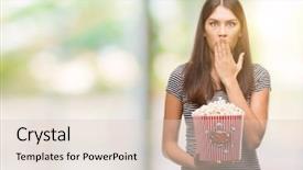  Presentation with woman covering man mouth hand - Cool new presentation theme with silent movies - young beautiful hispanic eating popcorn backdrop and a lemonade colored foreground