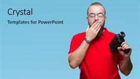  Presentation with shame - Presentation theme enhanced with silent movies - young caucasian hipster man filmming background and a light blue colored foreground