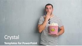  Presentation with woman covering man mouth hand - PPT theme with silent movies - young caucasian man over grey background and a gray colored foreground