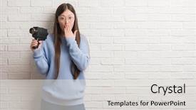  Presentation with woman covering man mouth hand - Theme enhanced with silent movies - young chinese woman filming holding background and a light gray colored foreground