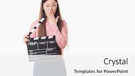  Presentation with clapper - Slides having silent movies - young chinese woman over isolated background and a white colored foreground