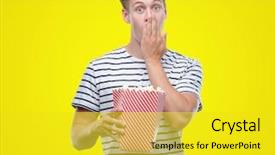  Presentation with eating - Slides consisting of silent movies - young handsome blond man eating background and a yellow colored foreground
