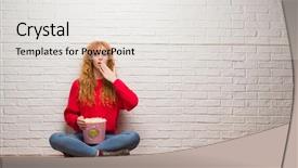  Presentation with woman covering man mouth hand - Slides consisting of silent movies - young redhead woman sitting background and a sky blue colored foreground