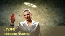  Presentation with head - Presentation design enhanced with silent prayer - image of businesswoman with halo background and a violet colored foreground