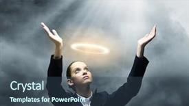  Presentation with prayer - Slide set enhanced with silent prayer - young crying businesswoman with halo background and a  colored foreground