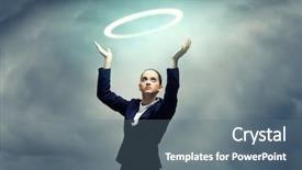  Presentation with prayer - Beautiful theme featuring silent prayer - young crying businesswoman with halo backdrop and a  colored foreground