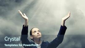  Presentation with mom crying - Amazing presentation theme having silent prayer - young crying businesswoman with halo backdrop and a  colored foreground