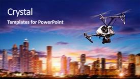  Presentation with city silhouette - Colorful theme enhanced with silhouette flying above modern city backdrop and a navy blue colored foreground