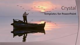 Presentation with calm sea - Amazing PPT theme having silhouette of a fisherman backdrop and a mint green colored foreground