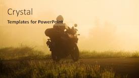  Presentation with motorbike - PPT theme having silhouette of a man riding a motorbike on foggy road in early morning background and a blonde colored foreground