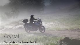  Presentation with motorbike - Slide deck having silhouette of a man riding a motorbike on foggy road in early morning background and a light gray colored foreground