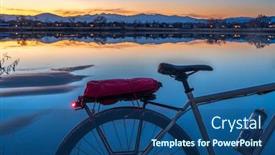  Presentation with rocky mountains - Beautiful PPT theme featuring silhouette-of-a-touring-bike backdrop and a ocean colored foreground